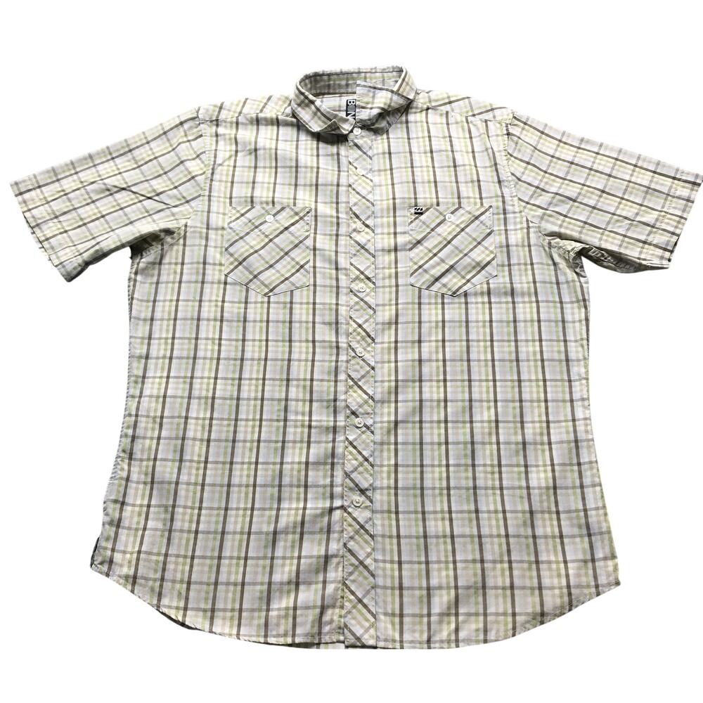 Billabong Short Sleeve Button Up Graph Check Shirt Mens XL Plaid White Green